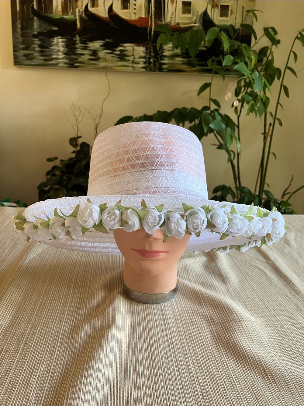 White Floral Trim Wide Brim Hat